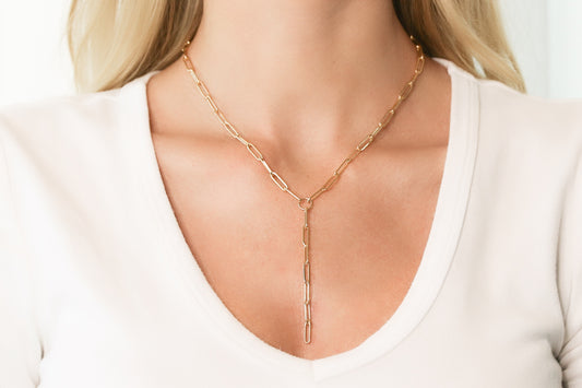 Small Gold Oval Link Chain Lariat Necklace